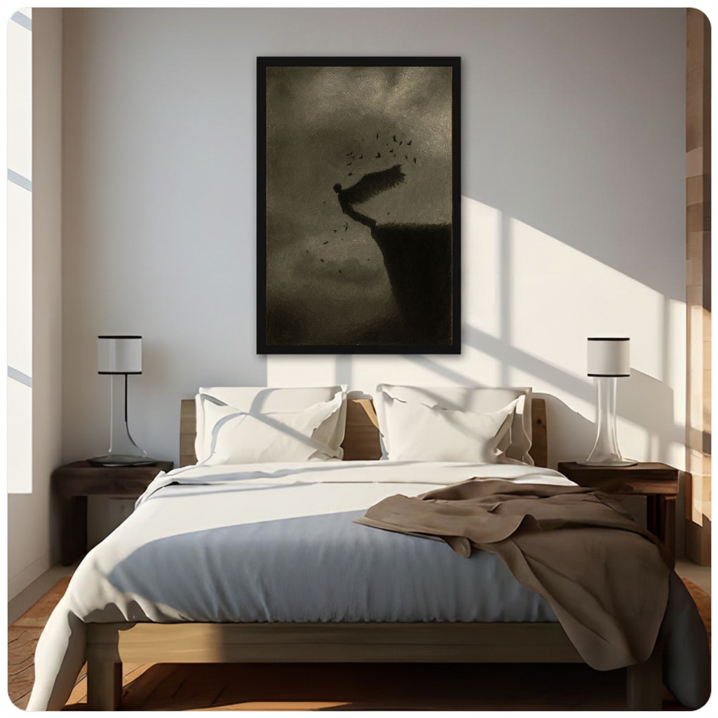 Canvas artwork depicting winged figure above a cliff above a neutral bed with bedside lamps.