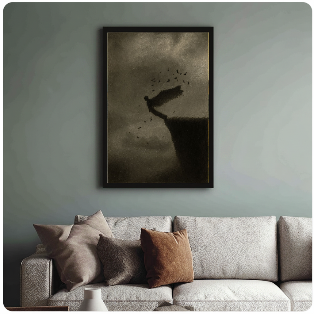 Framed artwork of winged figure above a cliff above a sofa with muted cushions.