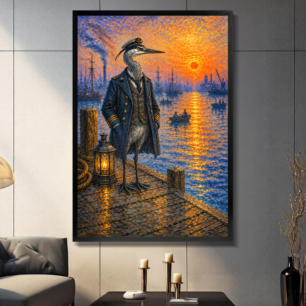 Black framed canvas depicting a heron captain at a sunset harbor on a gray paneled wall with candles.