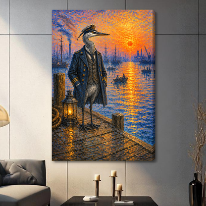 Stretched canvas depicting a heron captain at a sunset harbor displayed on a gray paneled wall with candles.