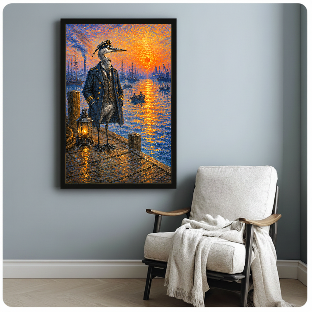 Framed artwork of a heron captain at a sunset harbor beside a pale reading chair against a gray wall.