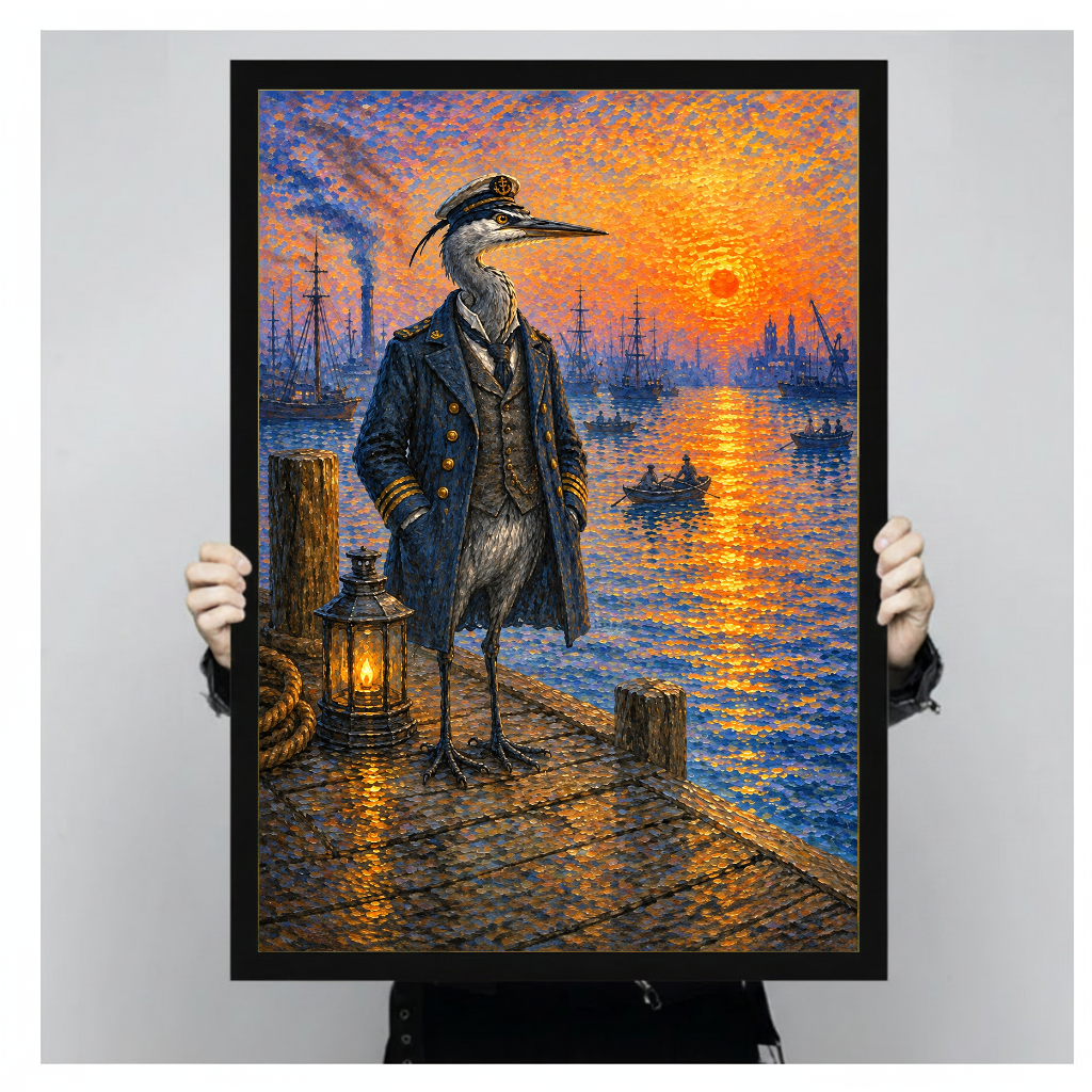 Framed artwork of a heron captain at a sunset harbor held by a person against a pale backdrop.