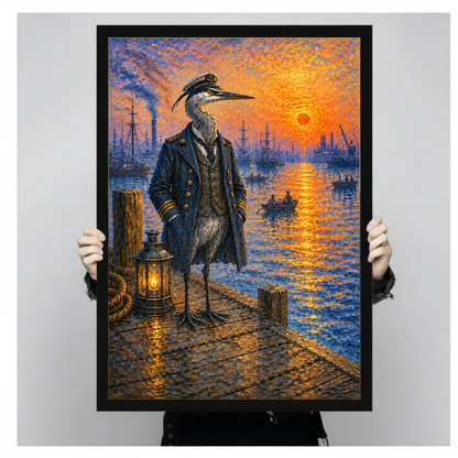 Framed artwork of a heron captain at a sunset harbor held by a person against a pale backdrop.