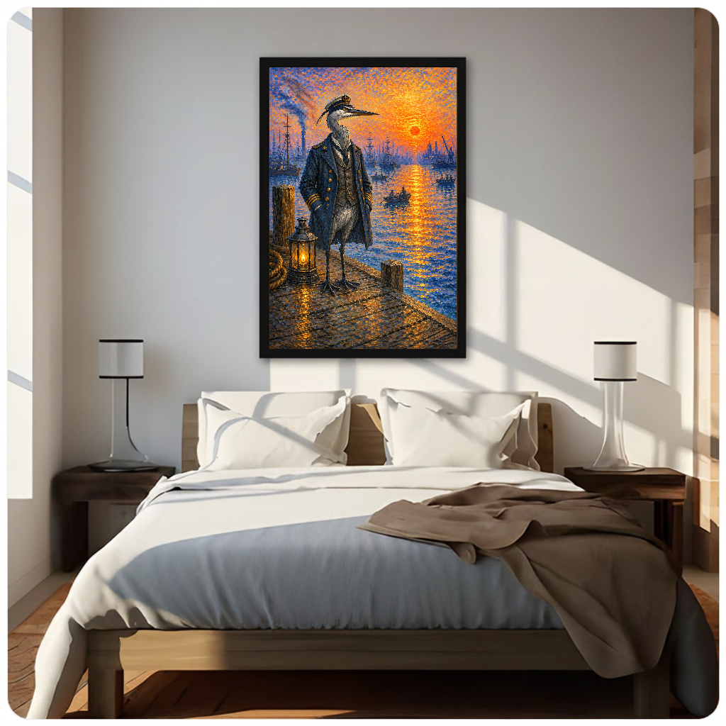 Framed artwork of a heron captain at a sunset harbor above a neutral bed between two bedside lamps.