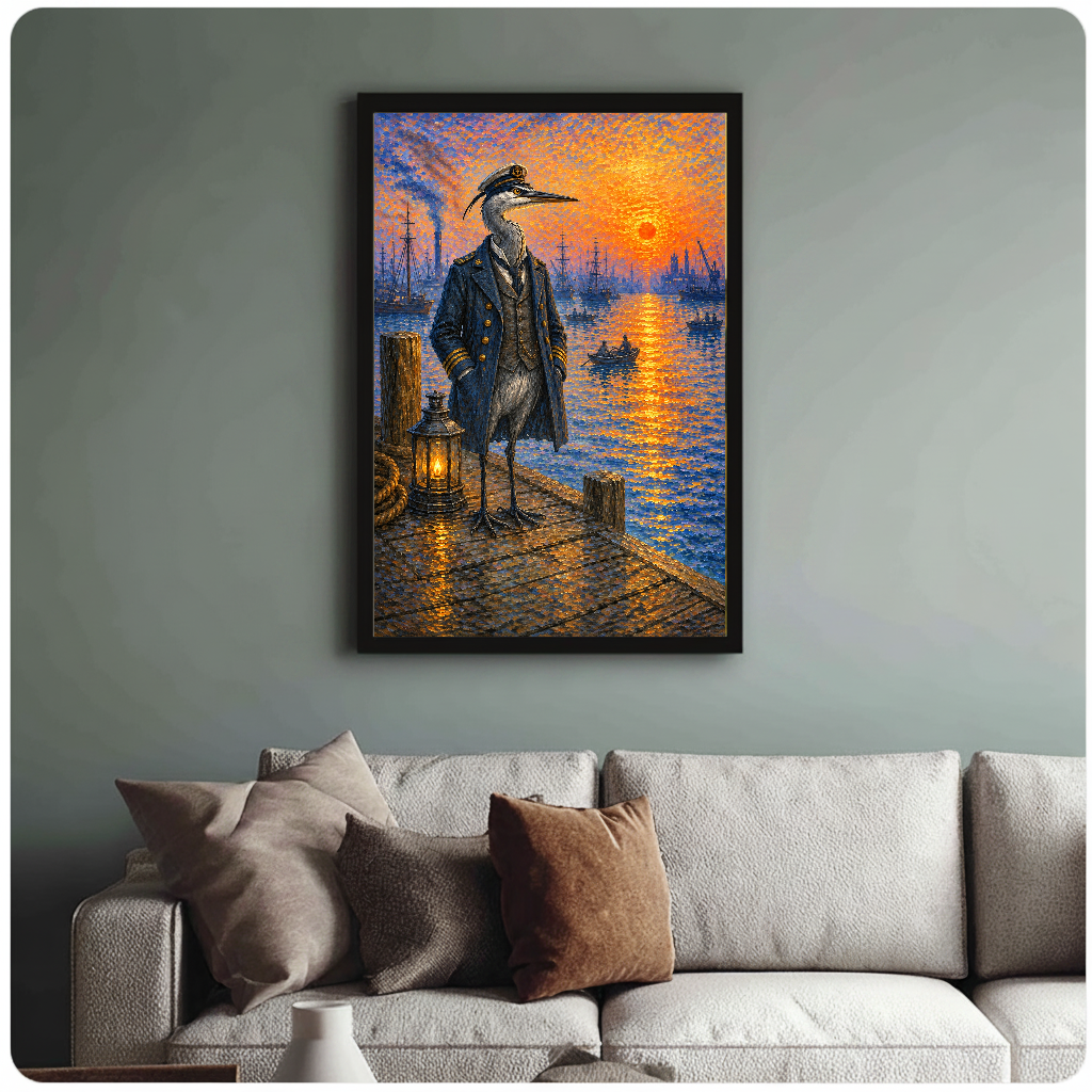 Framed artwork of a heron captain at a sunset harbor above a sofa with muted cushions.