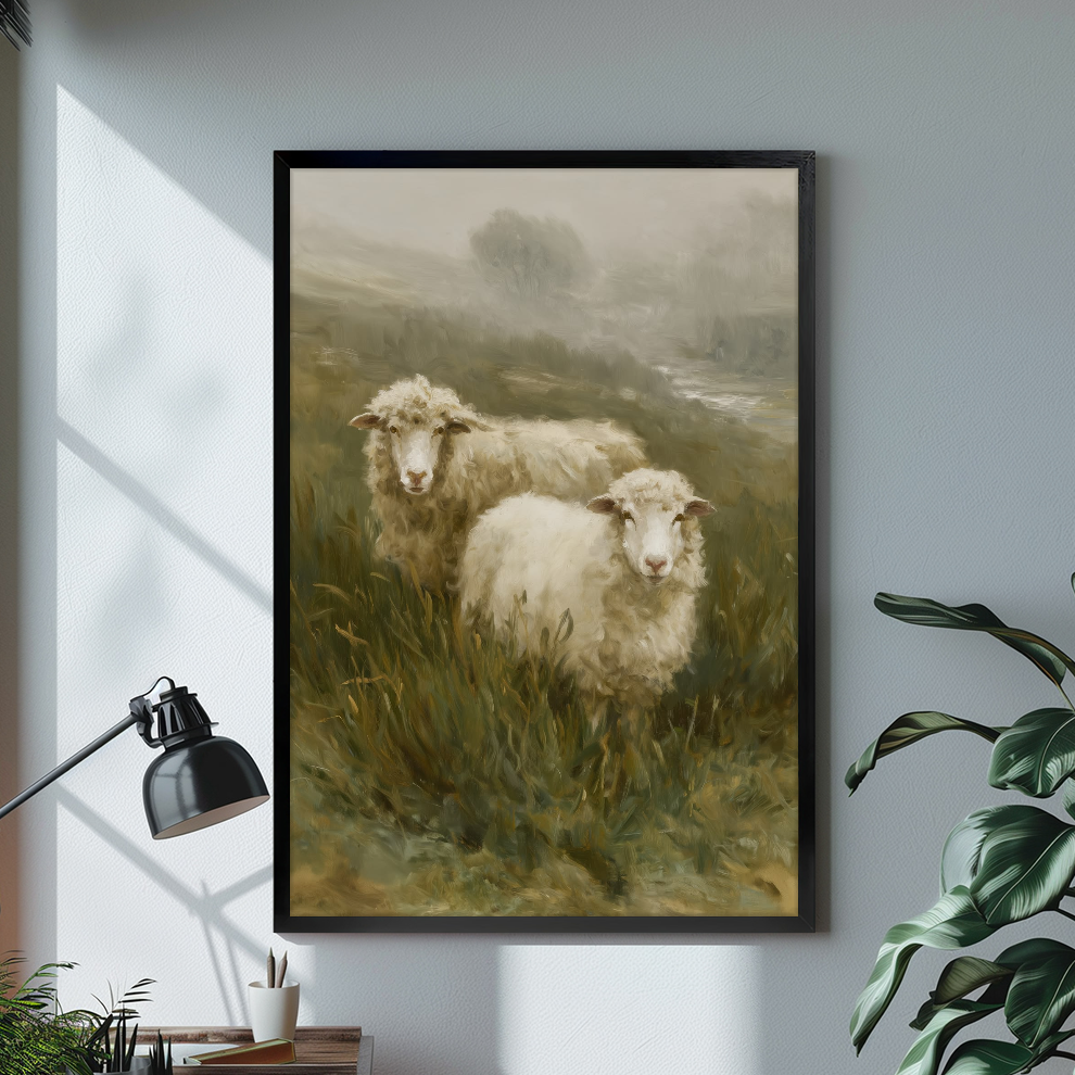 Black framed canvas depicting two sheep in a misty meadow on a bright desk with a lamp.