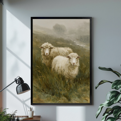 Black framed canvas depicting two sheep in a misty meadow on a bright desk with a lamp.