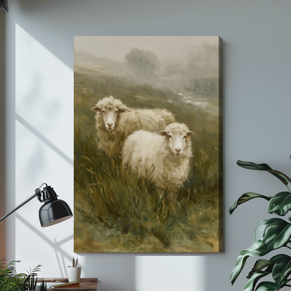 Stretched canvas depicting two sheep in a misty meadow displayed on a bright desk with a lamp.
