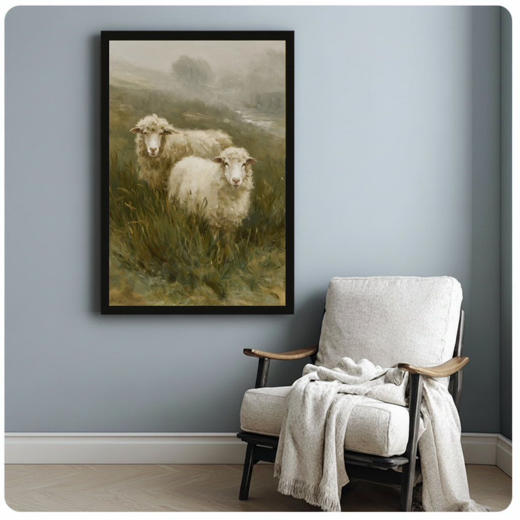 Framed artwork of two sheep in a misty meadow beside a pale reading chair against a gray wall.