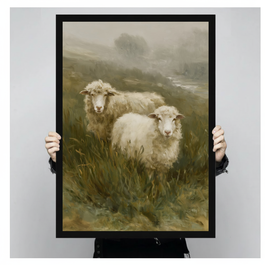 Framed artwork of two sheep in a misty meadow held by a person against a pale backdrop.