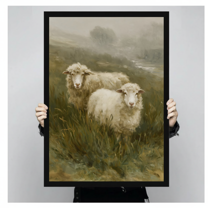Framed artwork of two sheep in a misty meadow held by a person against a pale backdrop.