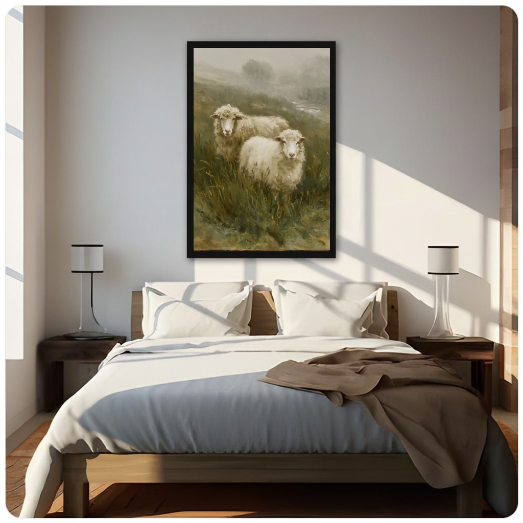 Framed artwork of two sheep in a misty meadow above a neutral bed between two bedside lamps.