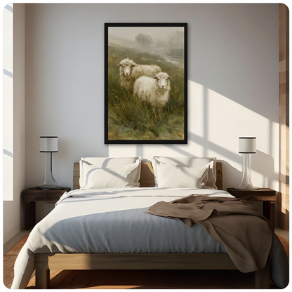 Framed artwork of two sheep in a misty meadow above a neutral bed between two bedside lamps.