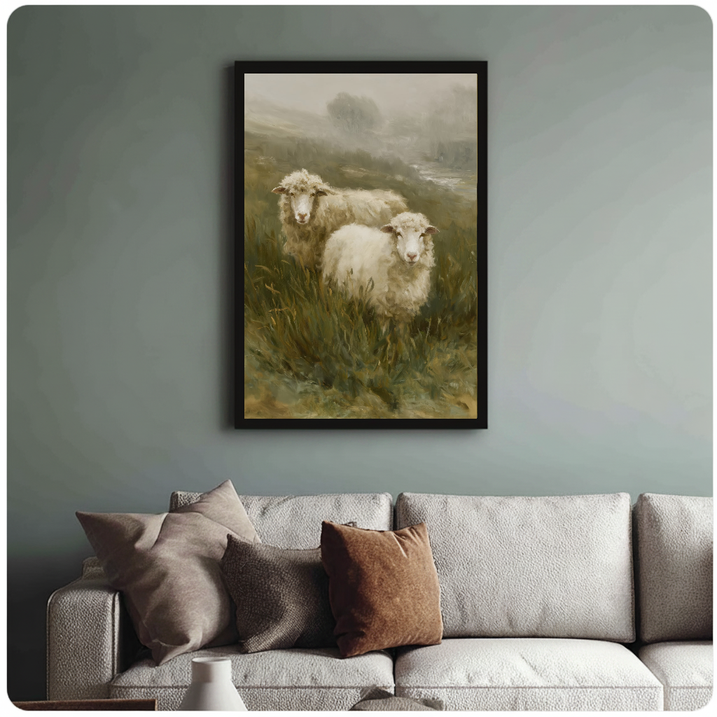 Framed artwork of two sheep in a misty meadow above a sofa with muted cushions.