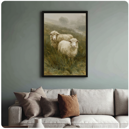 Framed artwork of two sheep in a misty meadow above a sofa with muted cushions.