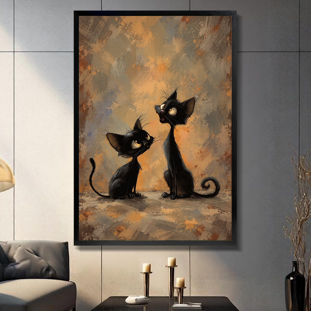Black framed canvas depicting two curious black cats with curled tails on a gray paneled wall with candles.