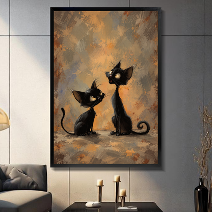 Black framed canvas depicting two curious black cats with curled tails on a gray paneled wall with candles.