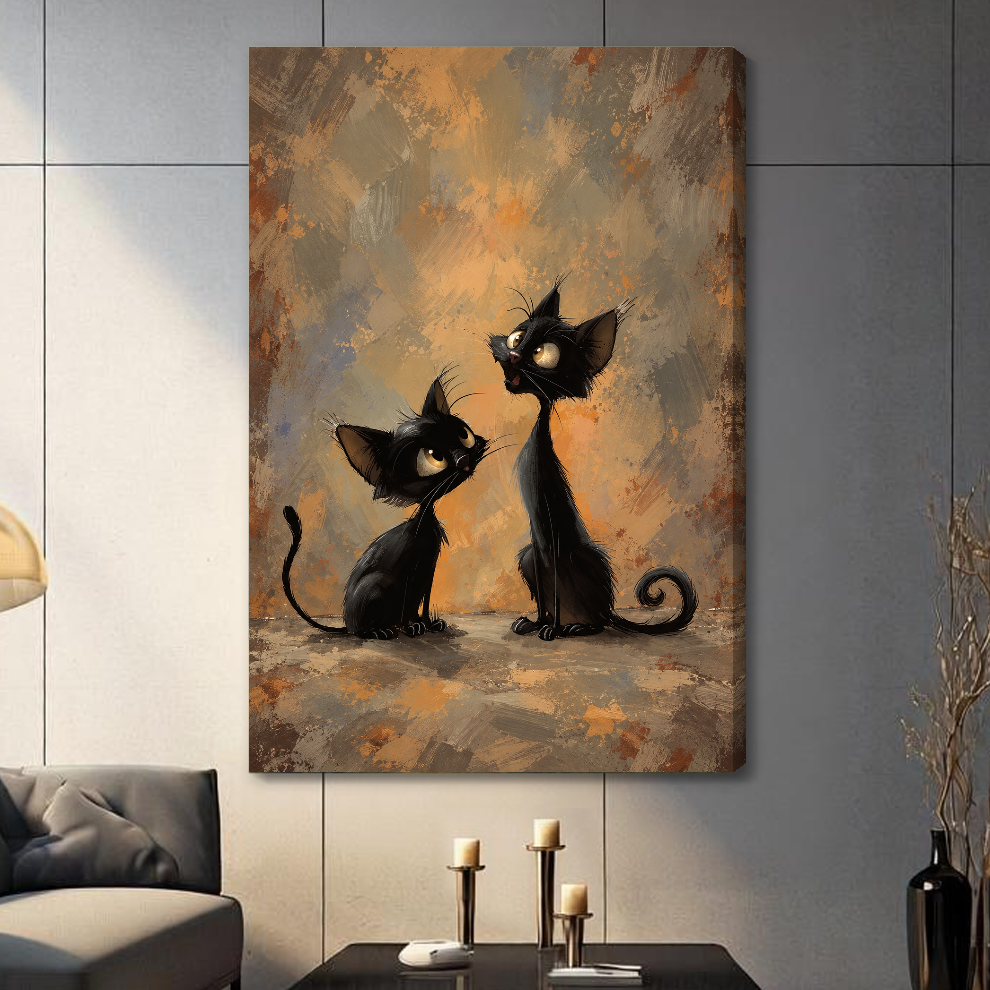 Stretched canvas depicting two curious black cats with curled tails displayed on a gray paneled wall with candles.