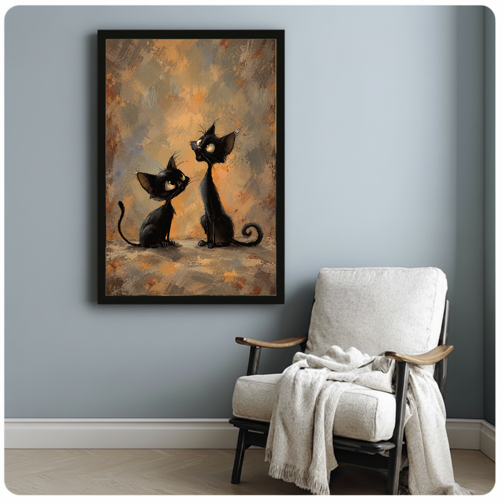 Framed artwork of two curious black cats with curled tails beside a pale reading chair against a gray wall.