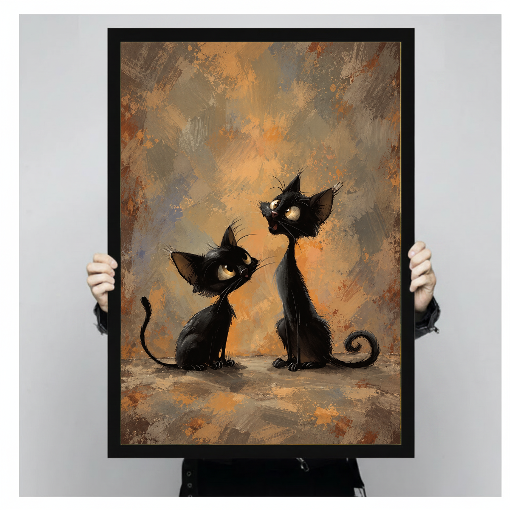 Framed artwork of two curious black cats with curled tails held by a person against a pale backdrop.