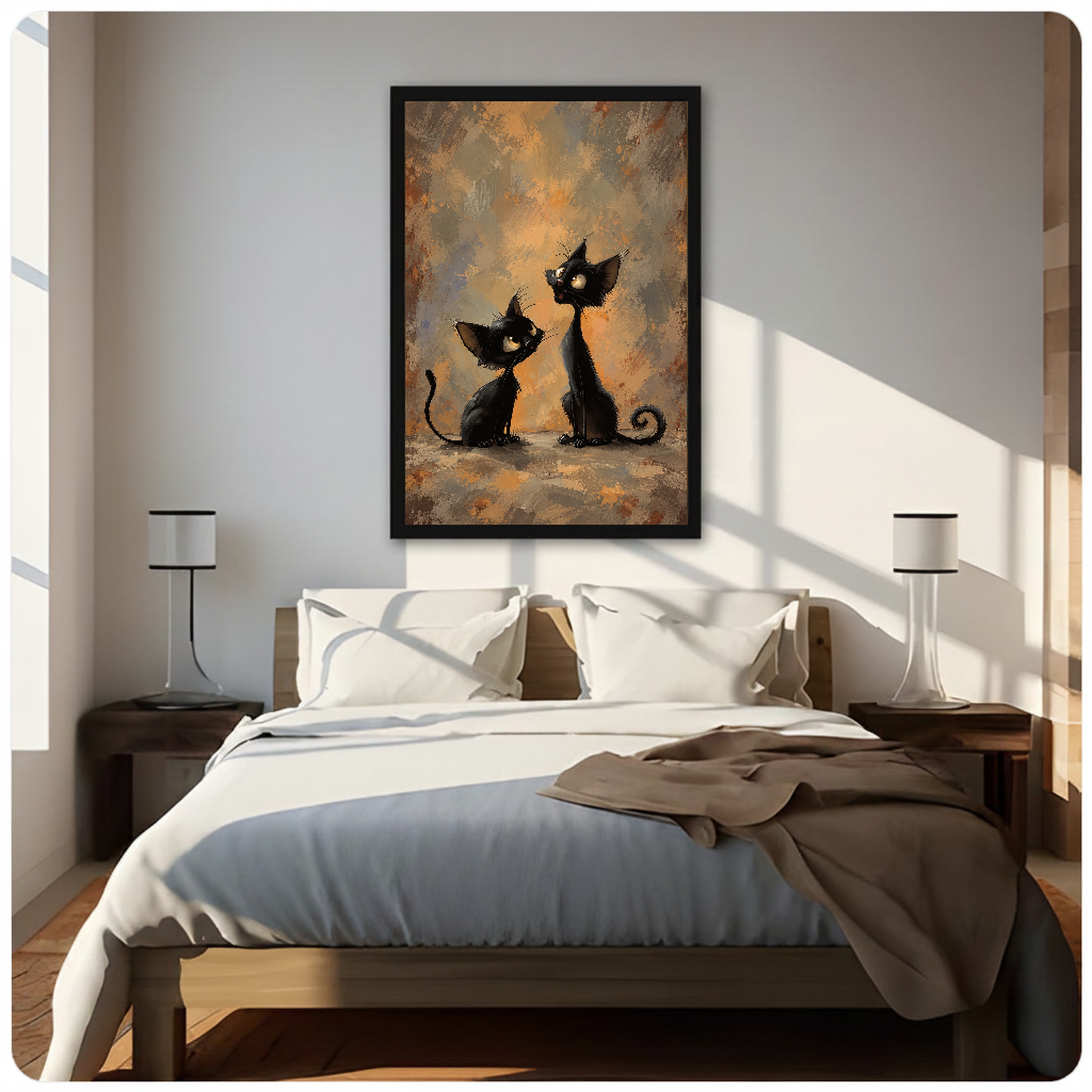 Framed artwork of two curious black cats with curled tails above a neutral bed between two bedside lamps.