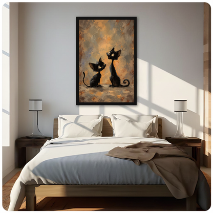 Framed artwork of two curious black cats with curled tails above a neutral bed between two bedside lamps.