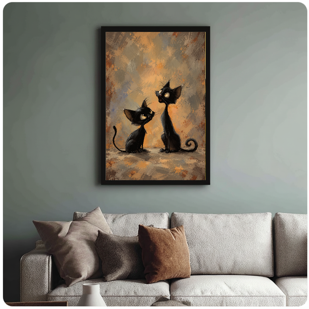 Framed artwork of two curious black cats with curled tails above a sofa with muted cushions.