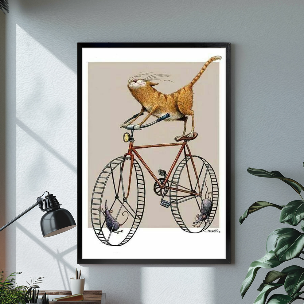 Black framed cycling cat and mice canvas above a desk with lamp and green plant.