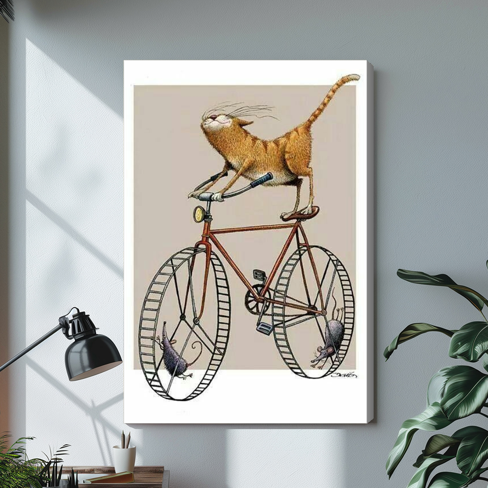 Stretched cycling cat and mice canvas above a light desk, showing a shaded wrapped side edge.