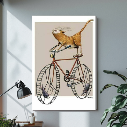 Stretched cycling cat and mice canvas above a light desk, showing a shaded wrapped side edge.