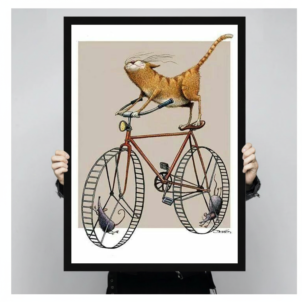 Person holding black framed cycling cat and mice artwork against a plain pale background.