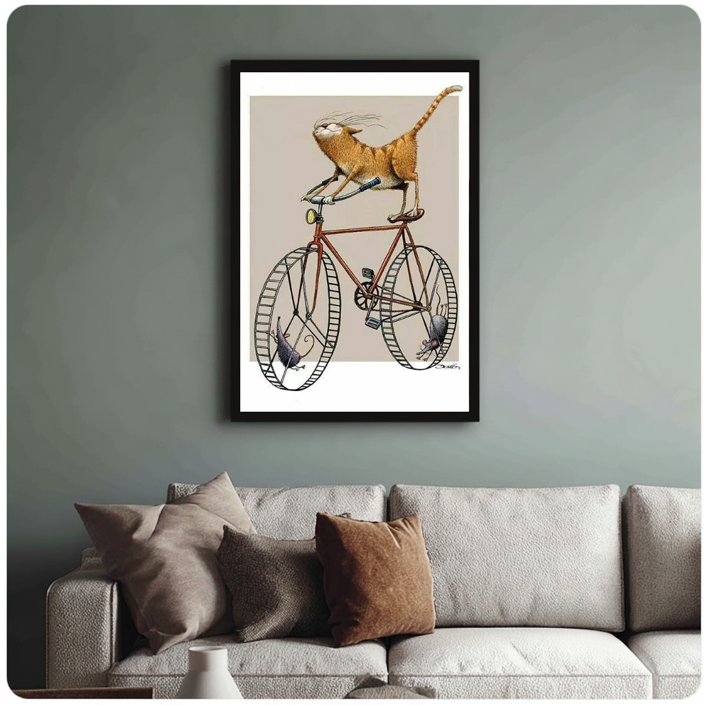 Framed cycling cat and mice painting above a sofa with muted cushions against a green-gray wall.