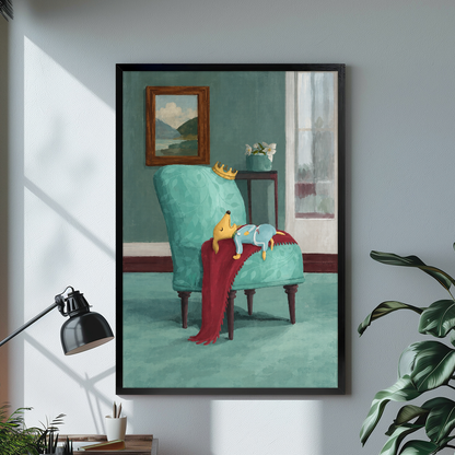 Black framed canvas depicting a fox sleeping on a turquoise chair on a bright desk with a lamp.