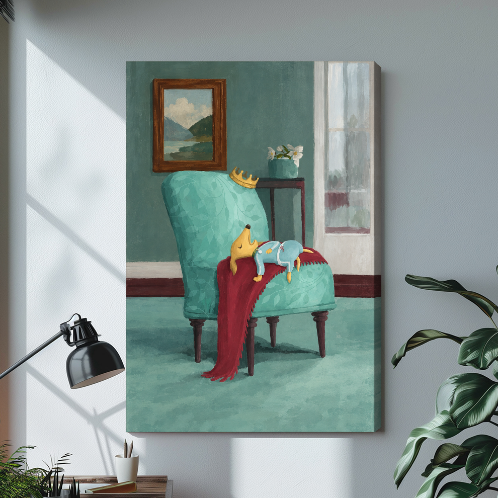 Stretched canvas depicting a fox sleeping on a turquoise chair displayed on a bright desk with a lamp.