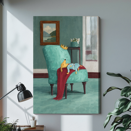 Stretched canvas depicting a fox sleeping on a turquoise chair displayed on a bright desk with a lamp.