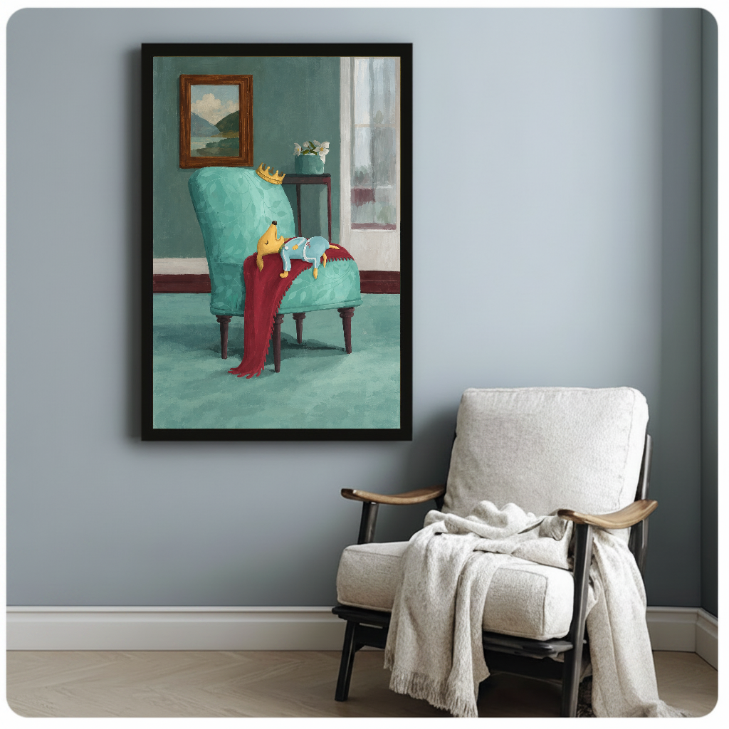 Framed artwork of a fox sleeping on a turquoise chair beside a pale reading chair against a gray wall.