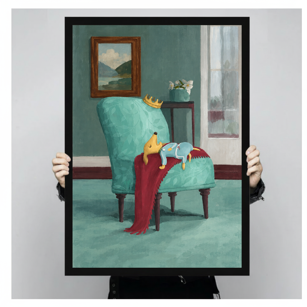 Framed artwork of a fox sleeping on a turquoise chair held by a person against a pale backdrop.