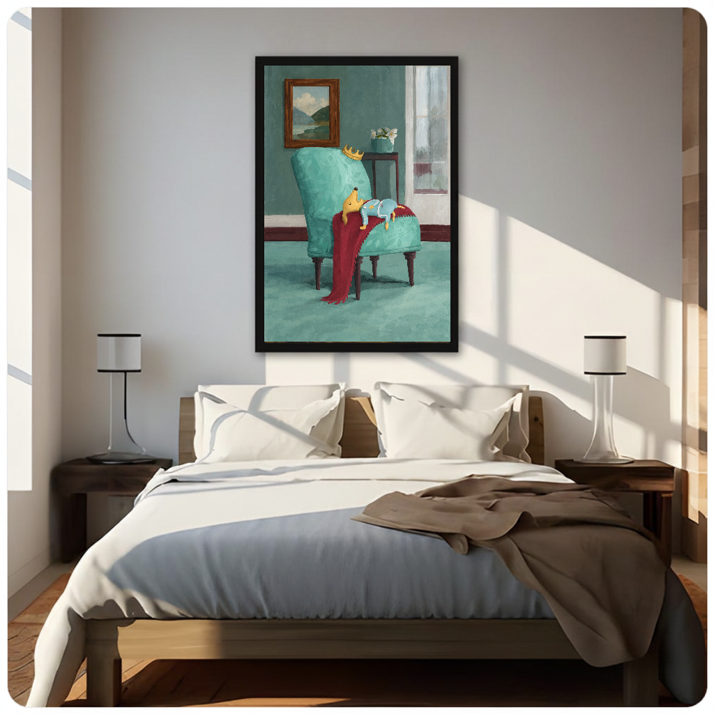 Framed artwork of a fox sleeping on a turquoise chair above a neutral bed between two bedside lamps.