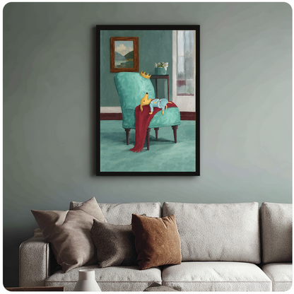 Framed artwork of a fox sleeping on a turquoise chair above a sofa with muted cushions.