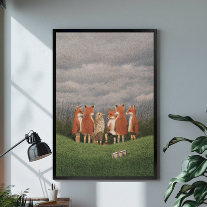 Black framed canvas showing woodland foxes with bird and drum on a bright desk with a lamp.