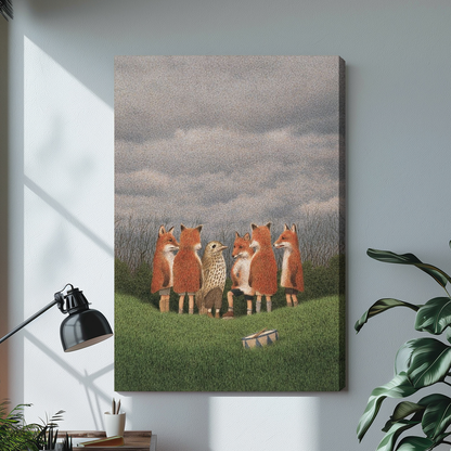 Stretched canvas featuring woodland foxes with bird and drum displayed on a bright desk with a lamp.