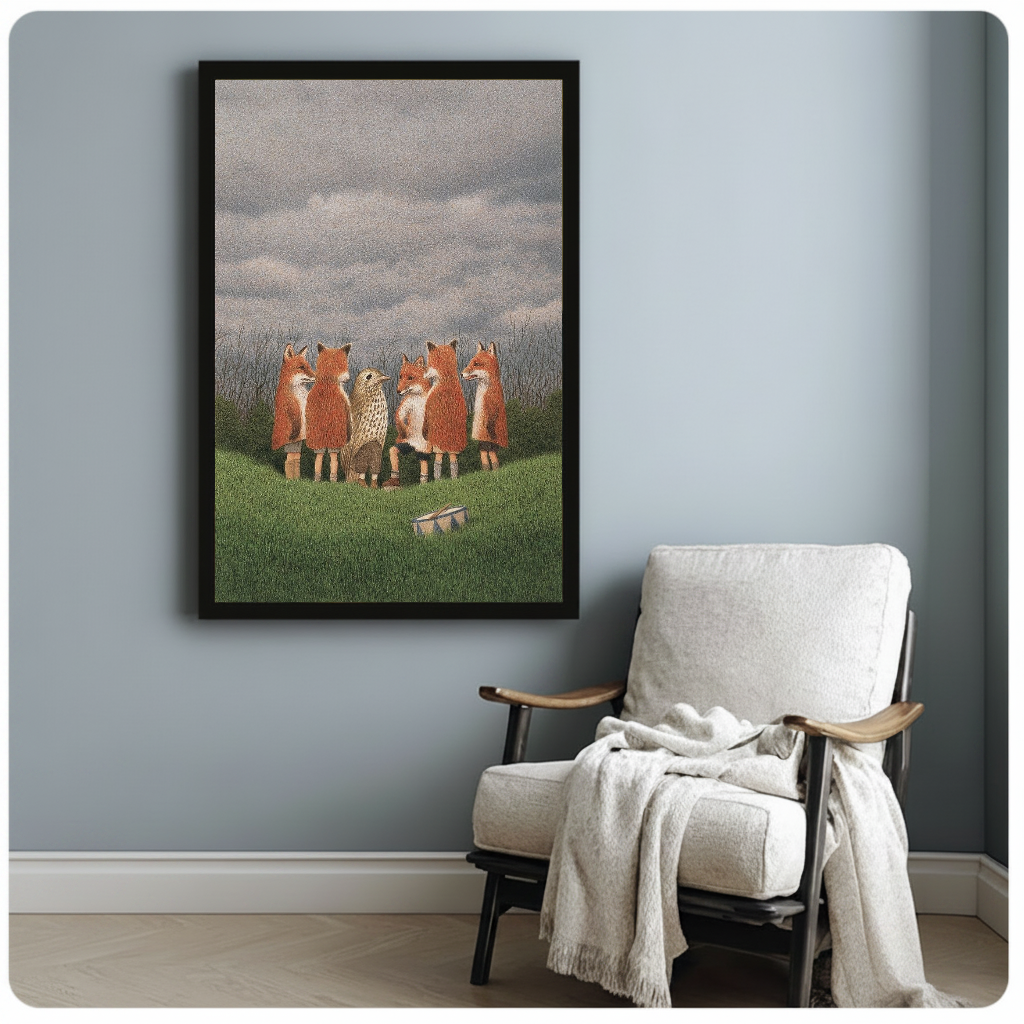 Framed canvas featuring woodland foxes with bird and drum beside a pale reading chair.