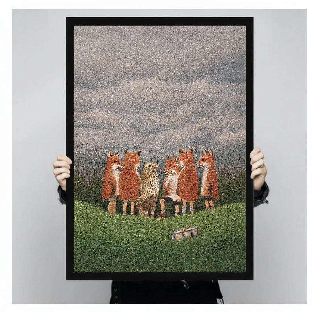 Person holding a black framed portrait canvas depicting woodland foxes with bird and drum.