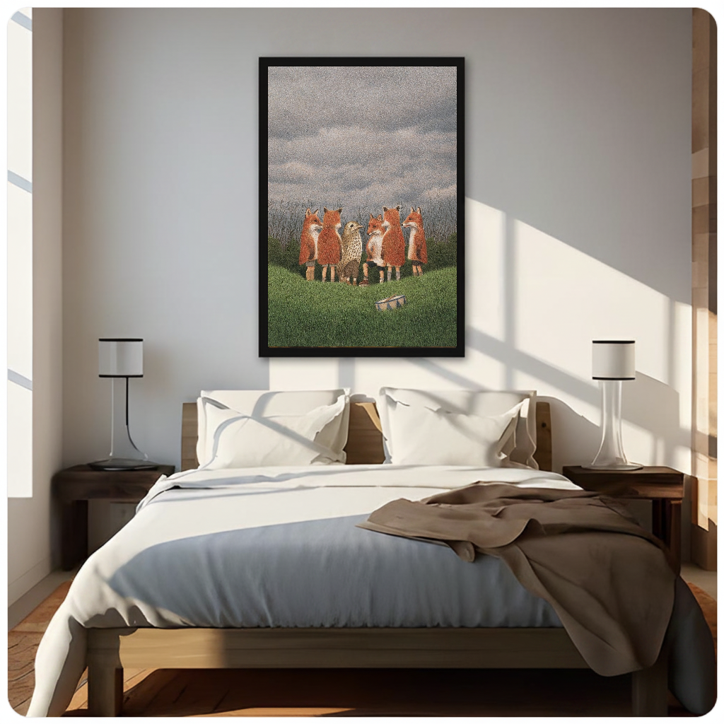 Canvas artwork depicting woodland foxes with bird and drum above a neutral bed with bedside lamps.