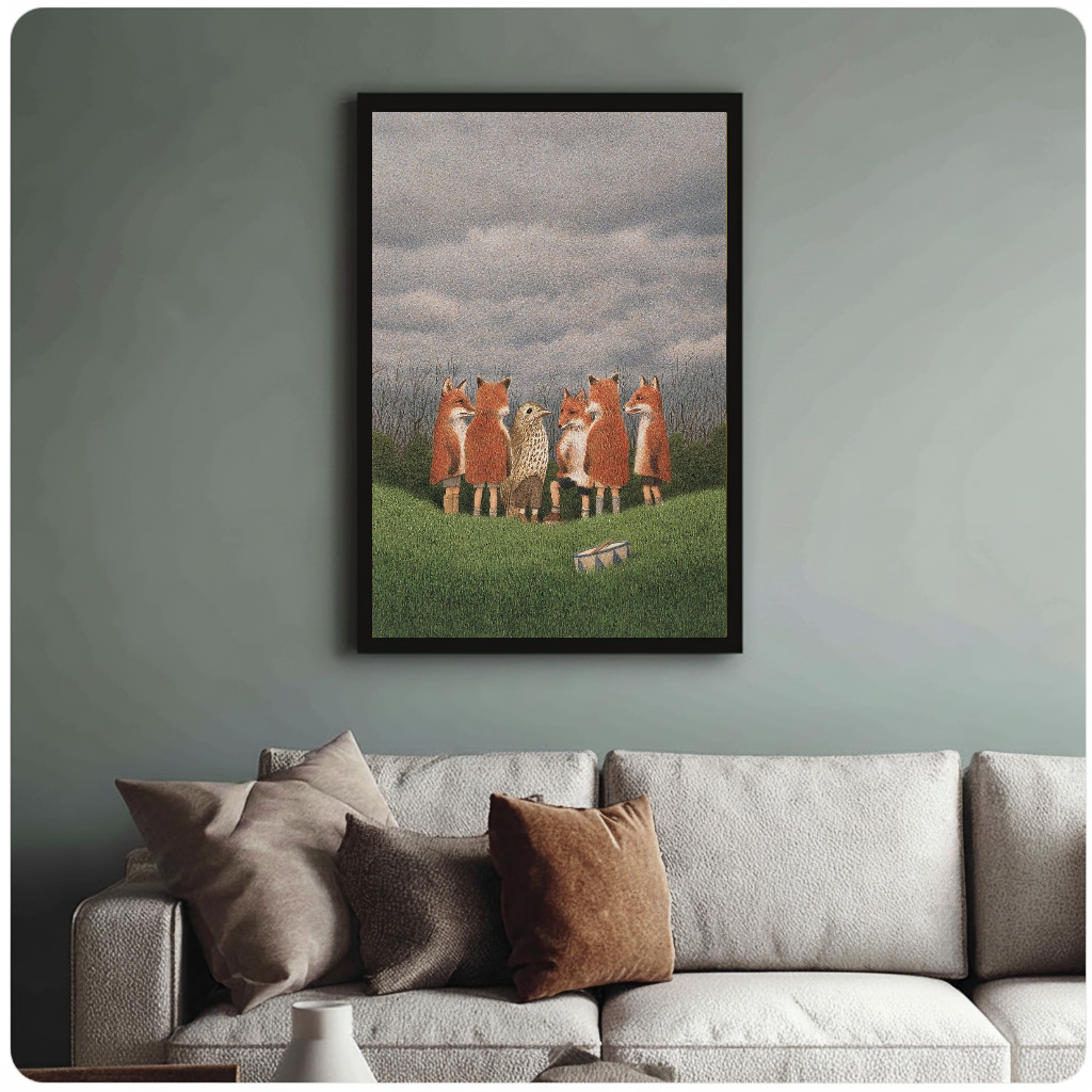 Framed artwork of woodland foxes with bird and drum above a sofa with muted cushions.