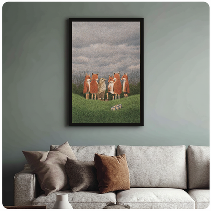 Framed artwork of woodland foxes with bird and drum above a sofa with muted cushions.