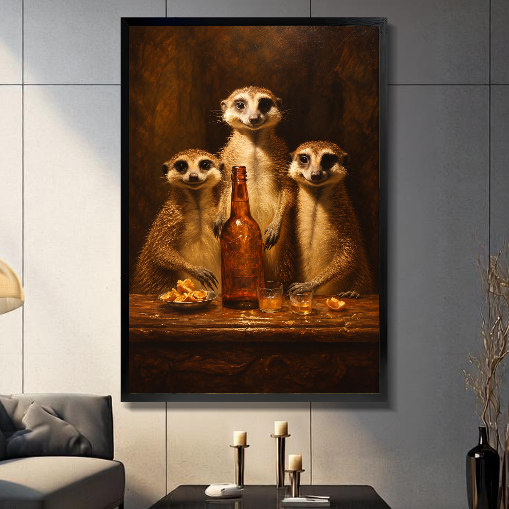 Black framed three meerkats gathering canvas above a console beside a sofa in a paneled room.