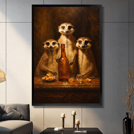 Black framed three meerkats gathering canvas above a console beside a sofa in a paneled room.