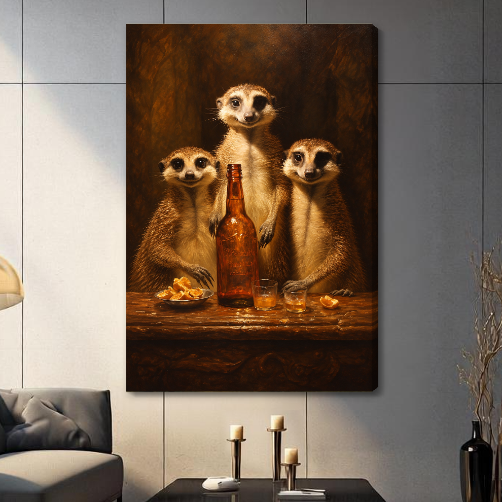 Stretched three meerkats gathering canvas in a paneled living room with a shaded wrapped edge.