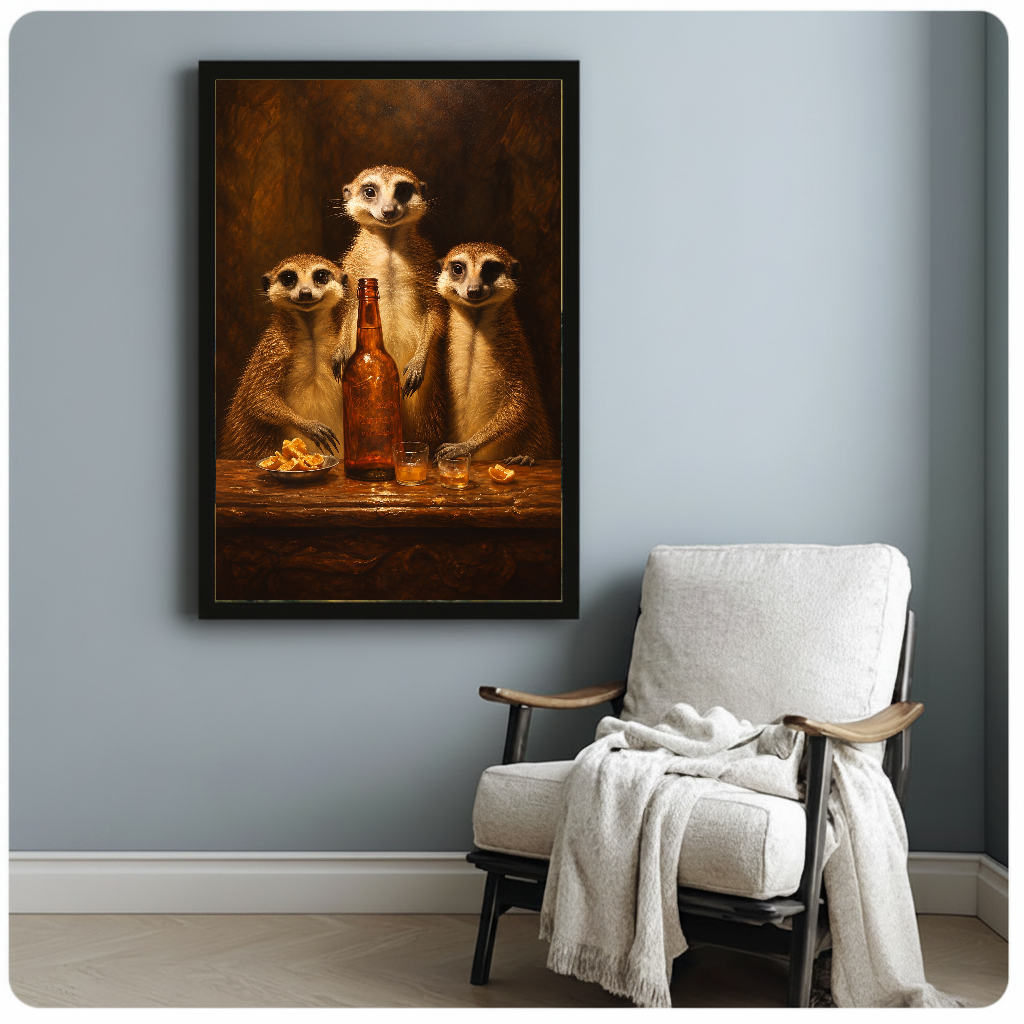Framed three meerkats gathering artwork beside a pale reading chair against a blue-gray wall.